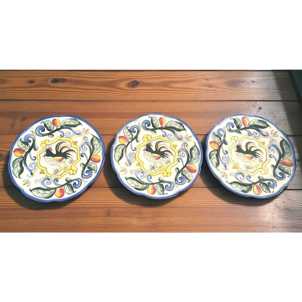 Fitz And Floyd Ricamo Rooster Ceramic Plates Set of 3 8” Italian Tuscan Country